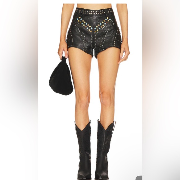 One Teaspoon Pants - Studded Jewel High Waist Leather Short in Black missing one stone in the back